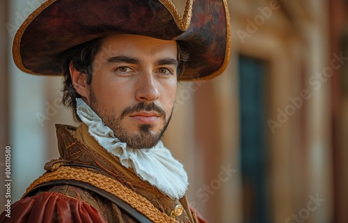 a dapper musketeer dressed in period regalia, exuding courage and chivalry in a captivating Renaissance scene photo