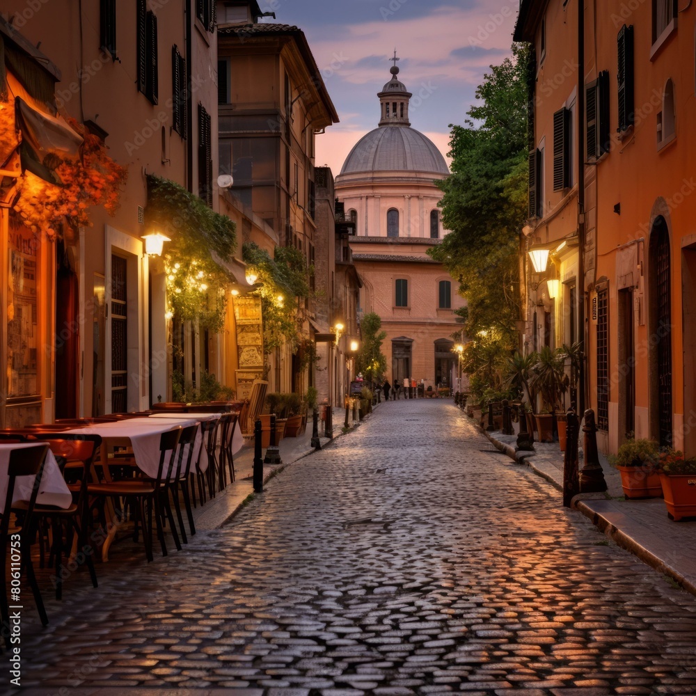 Charming cobblestone street in Rome, Italy