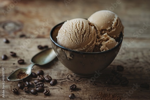 Ice-cream with chocolate on a white wooden background. Top view. Free space for your text.. Beautiful simple AI generated image in 4K, unique.