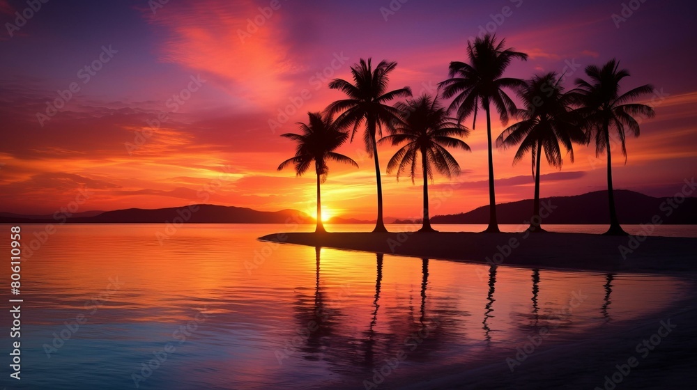 Beach sunset with palm trees