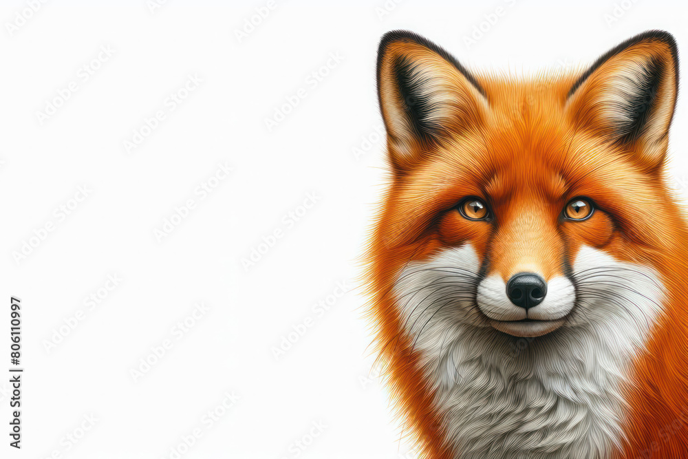 Fox close-up on white background. Space for text.