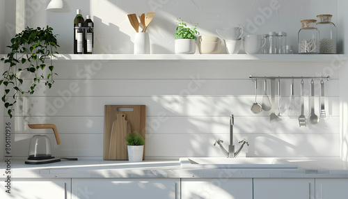 Interior of modern kitchen with white counters  shelf  sink and utensils