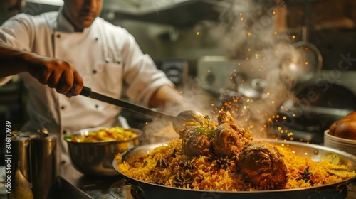 A chef preparing aromatic biryani rice with tender pieces of chicken and fragrant spices, creating a mouthwatering Indian delicacy.