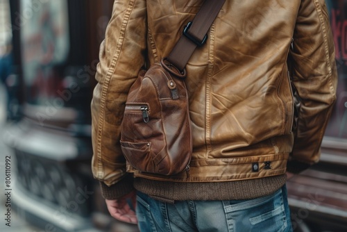 Stylish Brown Leather Jacket and Crossbody Bag on Urban Background 