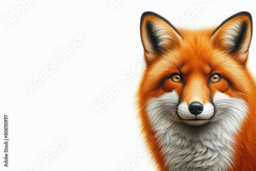 Fox close-up on white background. Space for text.