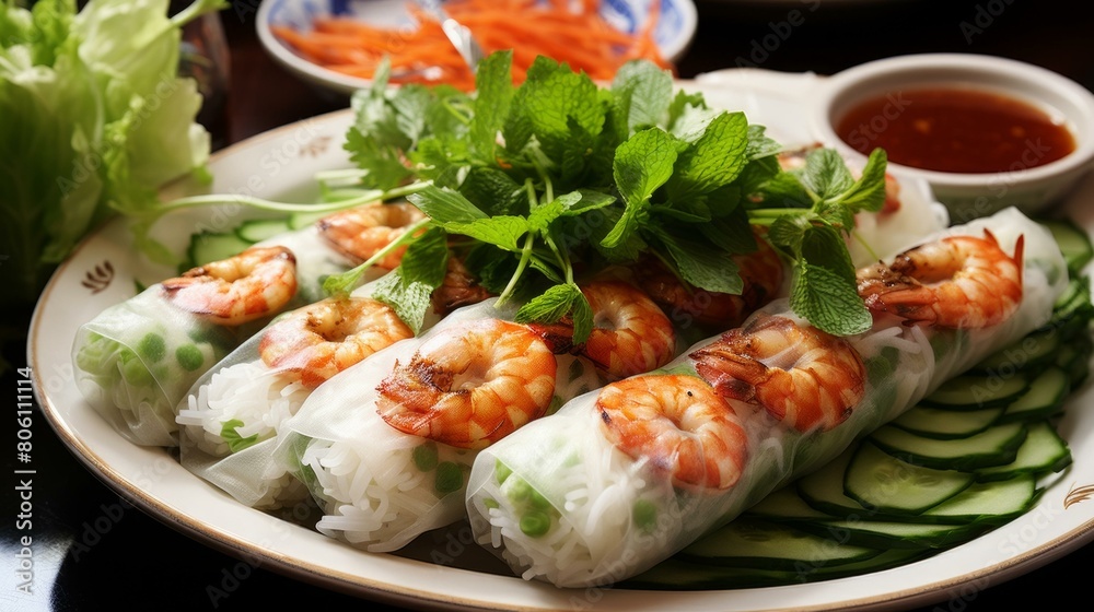 Fresh and healthy Vietnamese spring rolls with shrimp, vegetables, and rice noodles Fresh and healthy Vietnamese spring rolls with shrimp, vegetables, and rice noodles