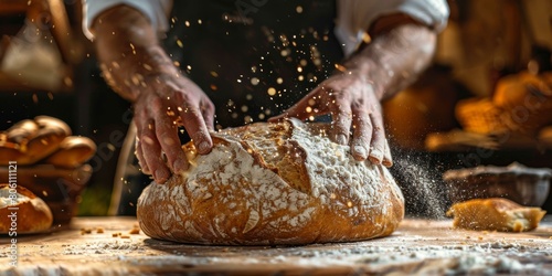 Baker carefully sprinkling flour on a loaf of bread