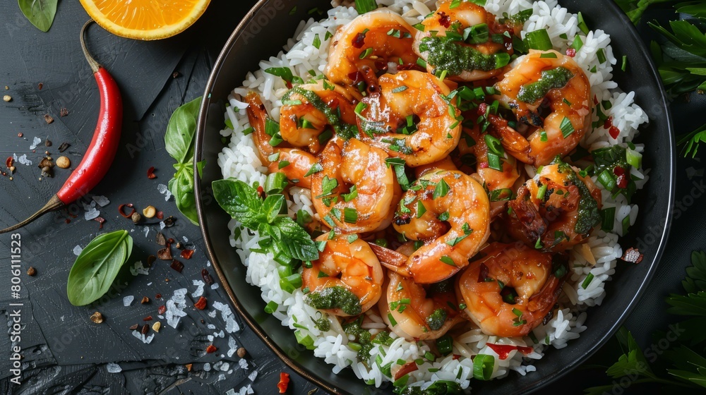 A plate of shrimp with rice and vegetables