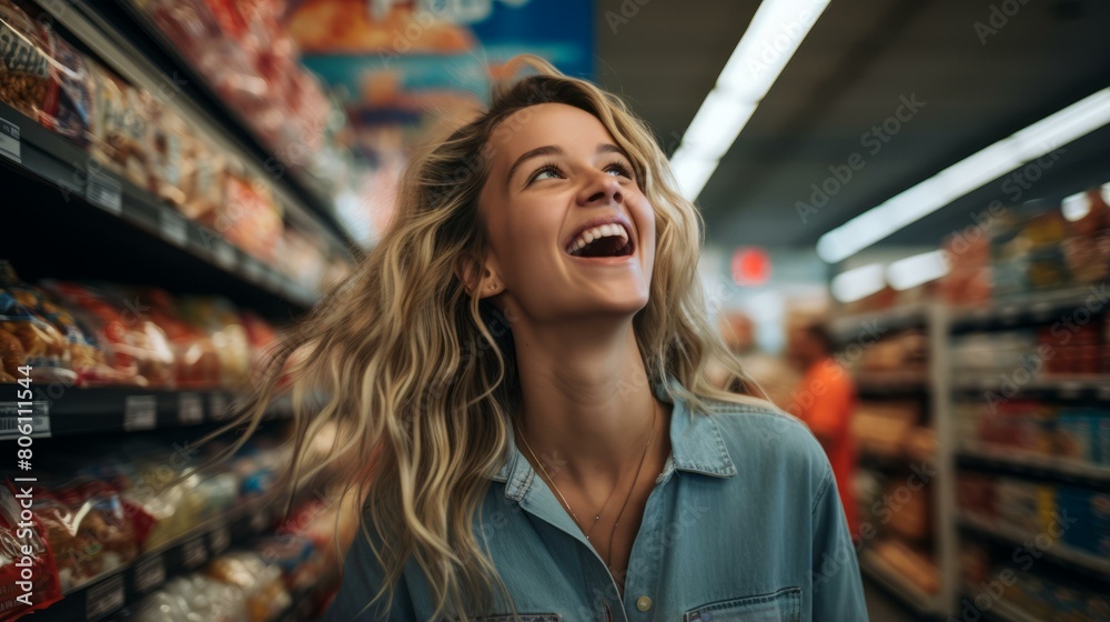 Laughing woman with long blond hair wearing a blue shirt in a grocery store Laughing woman with long blond hair wearing a blue shirt in a grocery store
