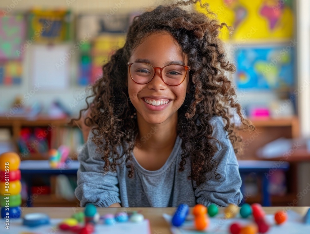 Fototapeta premium portrait of a smiling school girl with curly hair wearing glasses