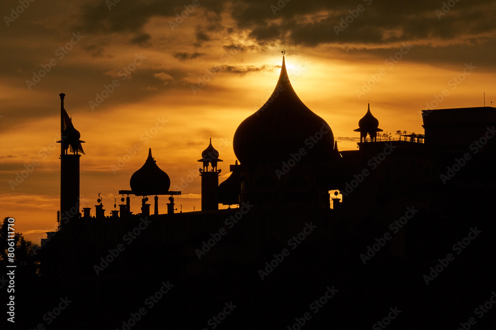 Silhouette of Mosque during sunrise at Kuching, Sarawak, Malaysia. Kuching City Mosque.
