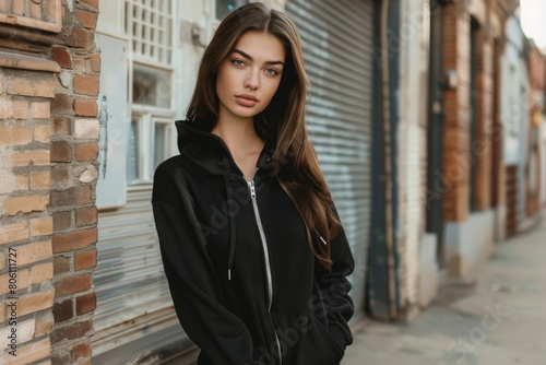 Urban Beauty: Young Woman Posing in a Stylish Hoodie on City Street 