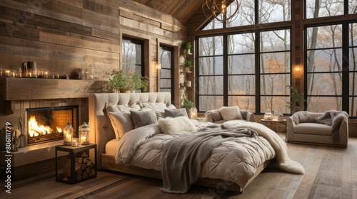 A cozy bedroom with a fireplace and a view of the forest © Adobe Contributor