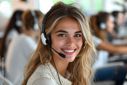 portrait of a smiling female customer service representative with a headset © Adobe Contributor