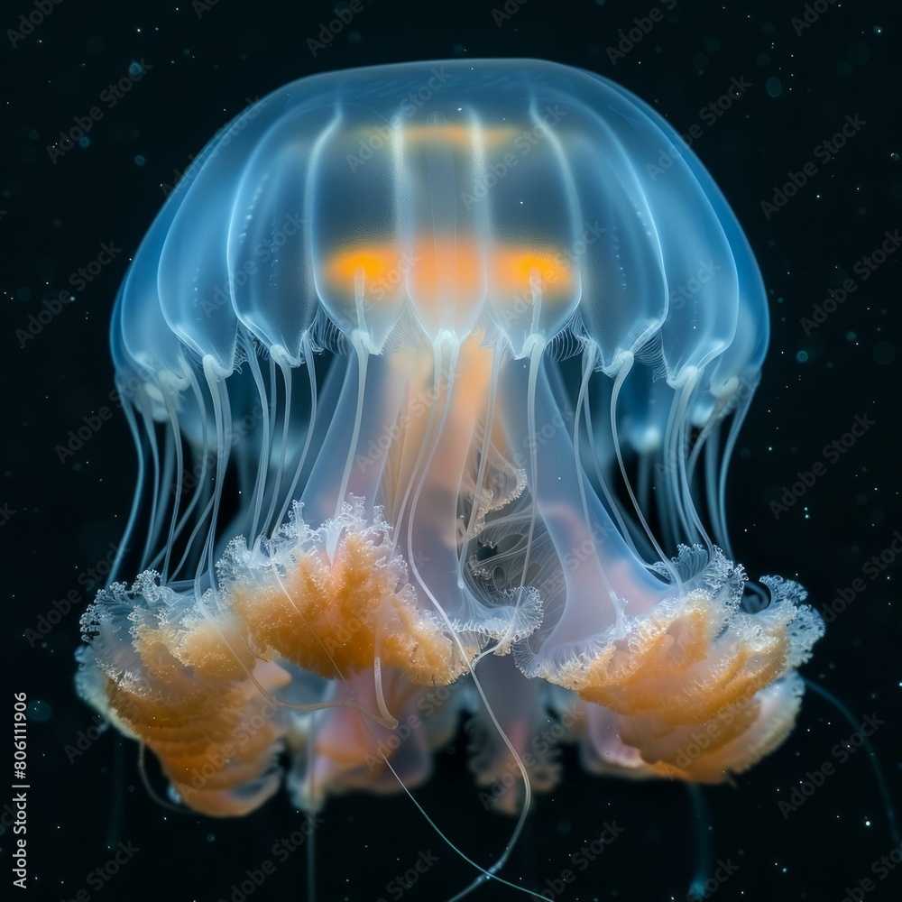 Fototapeta premium A glowing jellyfish floats gracefully through the dark ocean waters