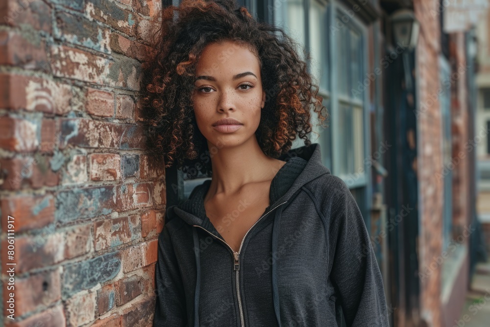 Confident Young Woman in Urban Setting with Brick Background Confident Young Woman in Urban Setting with Brick Background