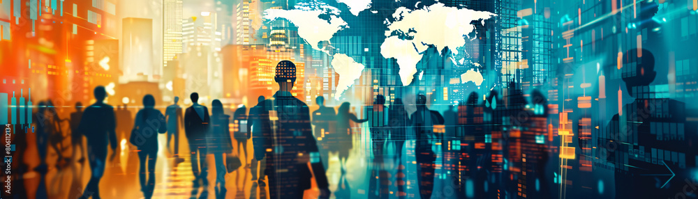 Fototapeta premium A bustling global market scene, illustrating trade fluctuations and the impact of foreign investment in emerging economies
