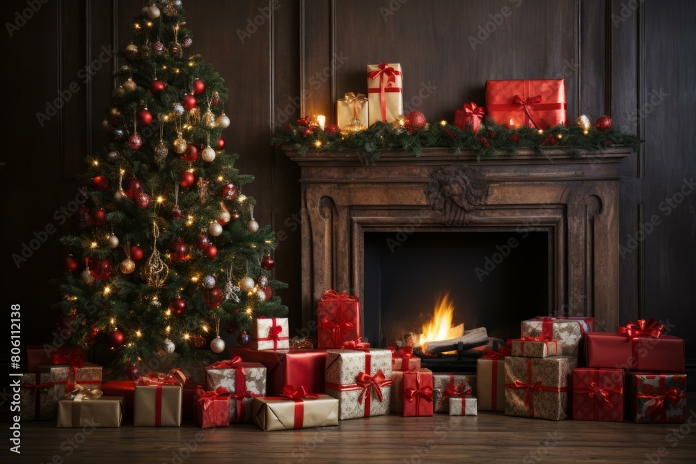 Christmas tree and fireplace with presents Christmas tree and fireplace with presents