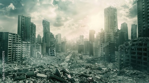 City buildings damaged destroyed by war or disaster look terrible background AI generated image photo