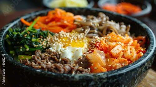 Korean Food Dish Bibimbap With Beef, Egg, Kimchi, And Vegetables