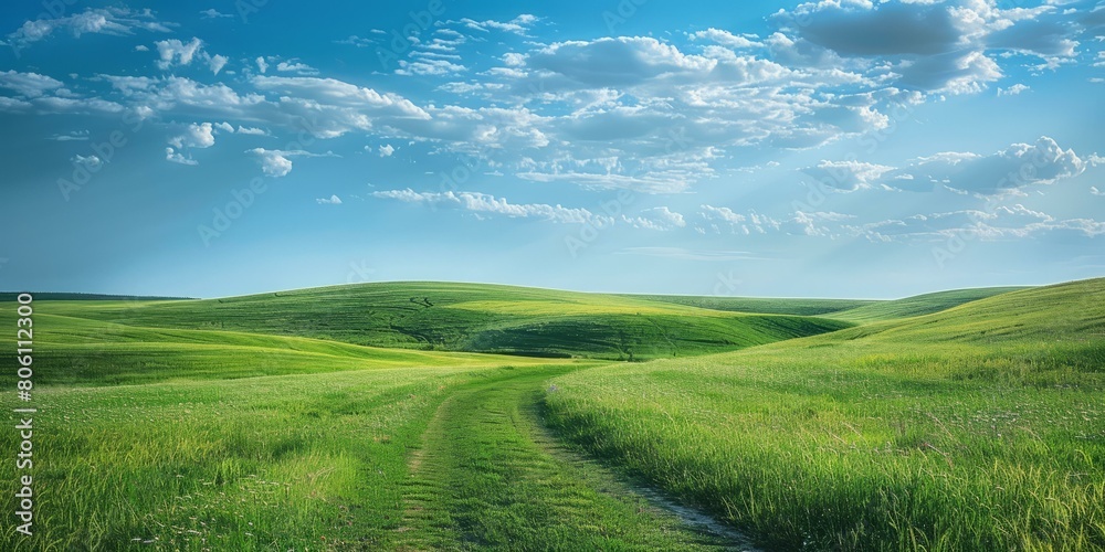 Countryside landscape with green hills and blue sky
