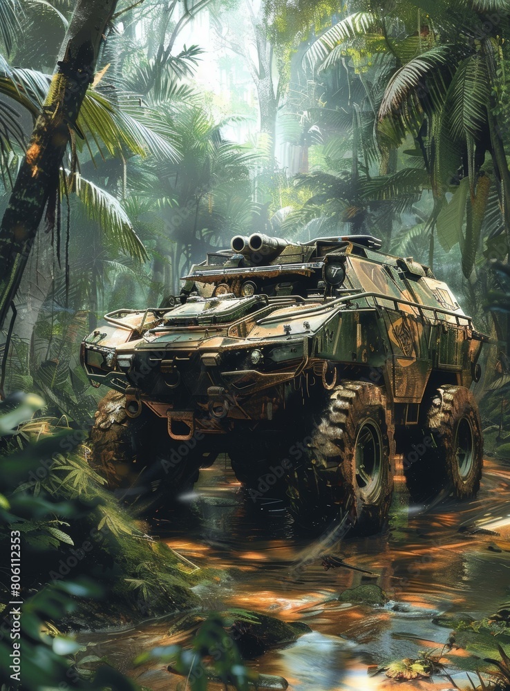 The military vehicle is driving through the jungle