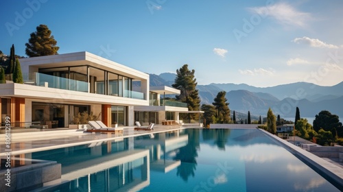 Modern villa with swimming pool and mountain view © Adobe Contributor
