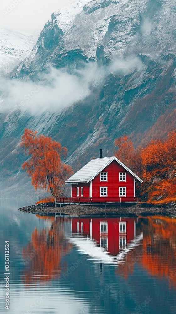 Fototapeta premium Scandinavian red home on a lake in the mountains
