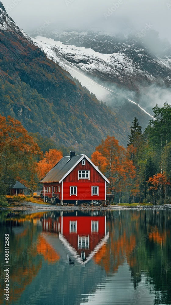Fototapeta premium Scandinavian red home on a lake in the mountains