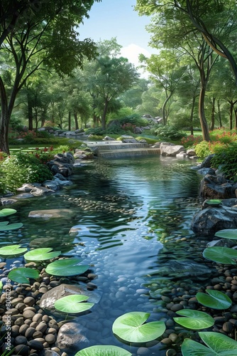 landscaped garden with a pond and a small waterfall
