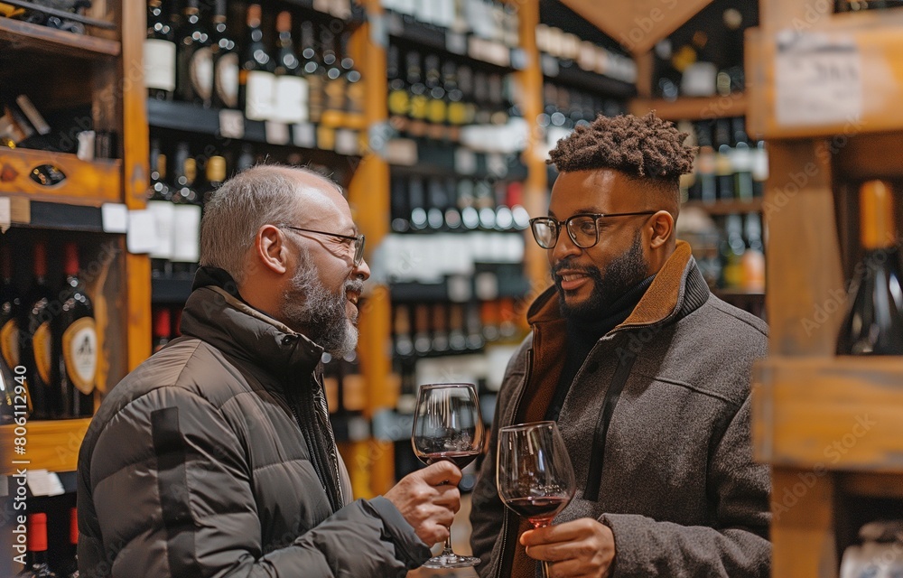A wine store's sommelier makes a man a wine recommendation.