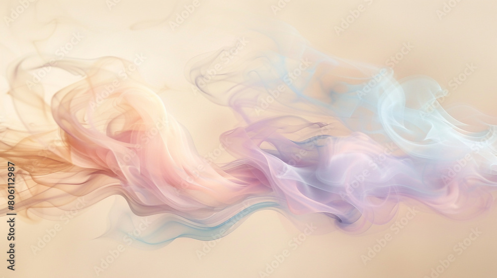 A subtle blend of smoke in pastel colors, swirling gently against a light beige background, resembling a soft, dreamy watercolor painting.