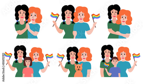 LGBT concept. Lesbian married couple. Women adopted boy or girl. Holding multicolored flag Pride Parade and hugging. Colorful vector illustration in flat style.