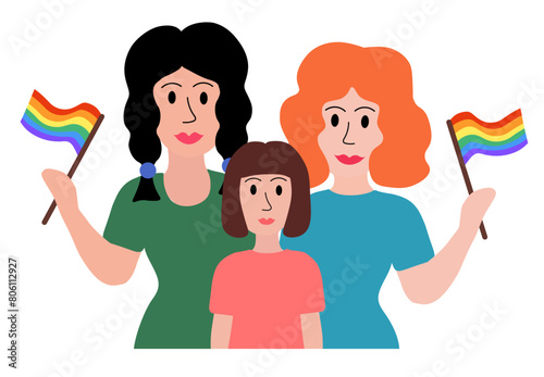 LGBT concept. Lesbian married couple. Women adopted girl. Holding multicolored flag Pride Parade. Vector illustration in flat style.