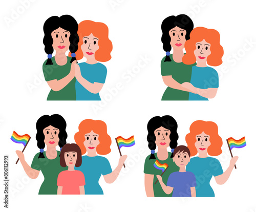 LGBT concept. Lesbian married couple. Women adopted boy or girl. Holding multicolored flag Pride Parade and hugging. Vector illustration in flat style.
