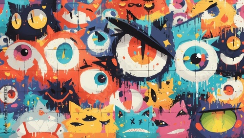 A vibrant graffiti mural depicting cartoon characters with oversized eyes and expressive faces in the style of graffiti art  with exaggerated expressions and bold colors  on an urban wall backdrop. 