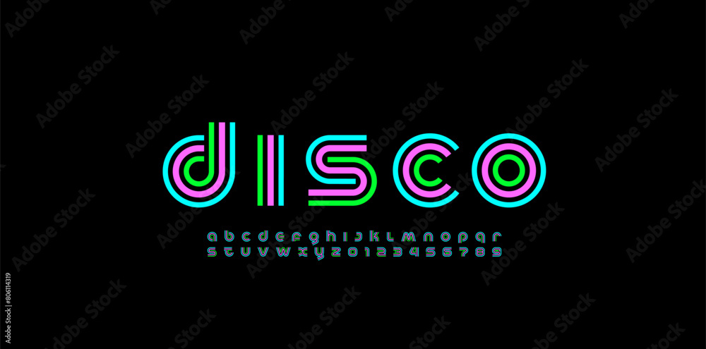 Fototapeta Modern stylized striped font, minimalistic trendy alphabet made disco style, graphic bright letters and numerals, vector illustration 10EPS
