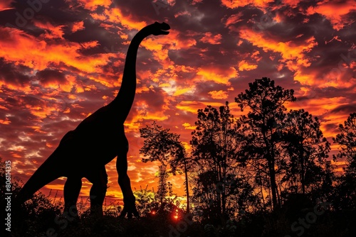 A Brachiosaurus standing tall among a prehistoric forest clearing, a dramatic sunset backlighting the scene