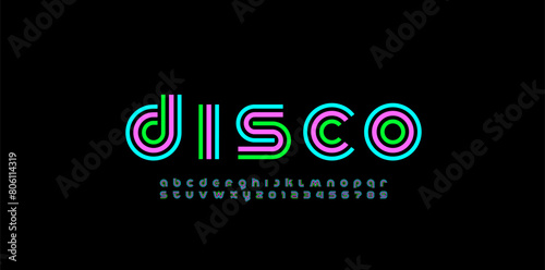 Modern stylized striped font, minimalistic trendy alphabet made disco style, graphic bright letters and numerals, vector illustration 10EPS