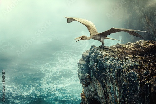 A close-up of a Pteranodon perched atop a craggy cliff, overlooking a turbulent ocean