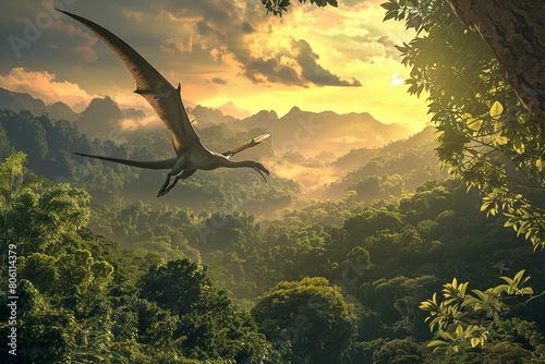 A detailed landscape of the late Cretaceous period, featuring a Quetzalcoatlus in flight over a lush forest photo