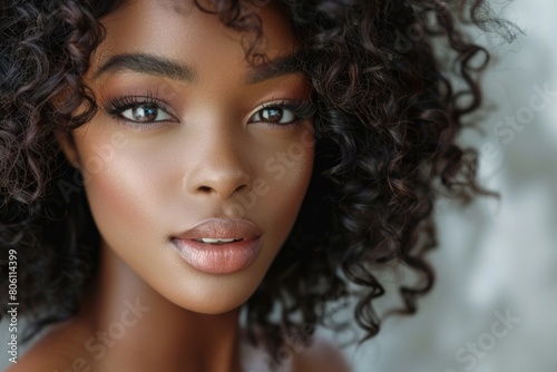 Stunning portrait of a young woman with curly hair and striking eyes. Beauty and individuality concept. Design for beauty campaigns, magazine covers, and portrait photography exhibitions