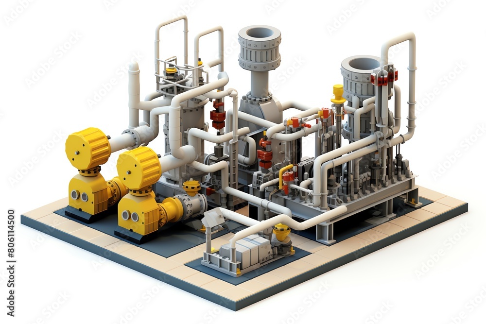 Heavy duty oil refinery pumps and compressors, die-cut image isolated on a white background for clear visualization