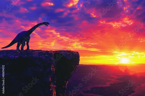 A dramatic sunset scene featuring the silhouette of a Brachiosaurus against a vividly colored sky