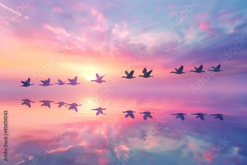 A flock of Anhanguera flying together at sunrise, their silhouettes against the colorful sky. The background features a serene lake reflecting the morning colors