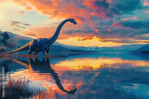 A hyper-realistic depiction of a Brachiosaurus at the water's edge, reflecting on a tranquil lake at sunset