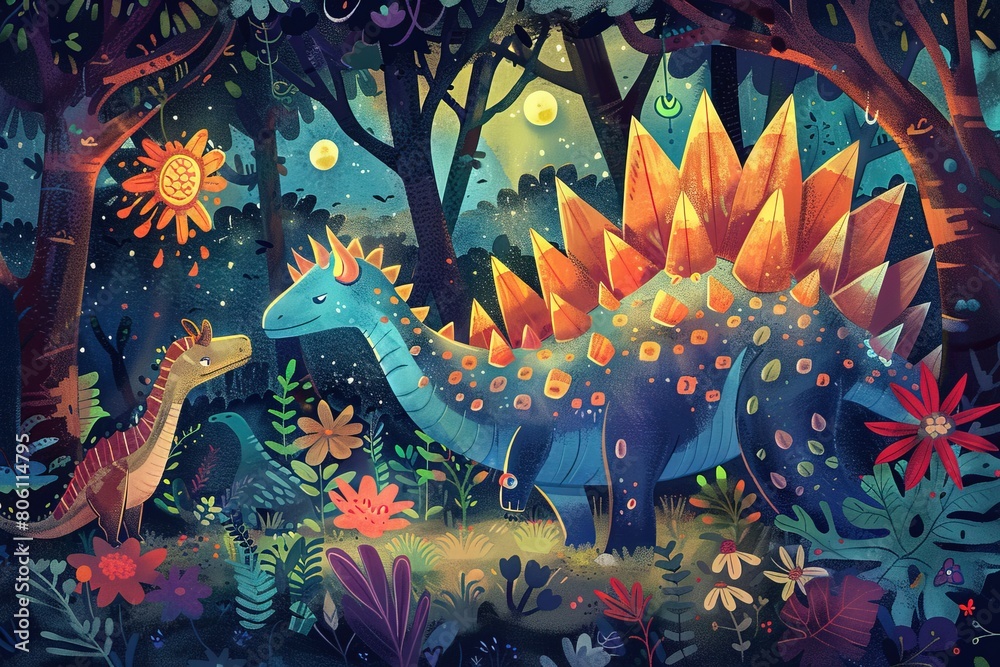 Obraz premium A whimsical illustration of a Stegosaurus engaging in an unlikely friendship with other dinosaur species, set in a magical forest