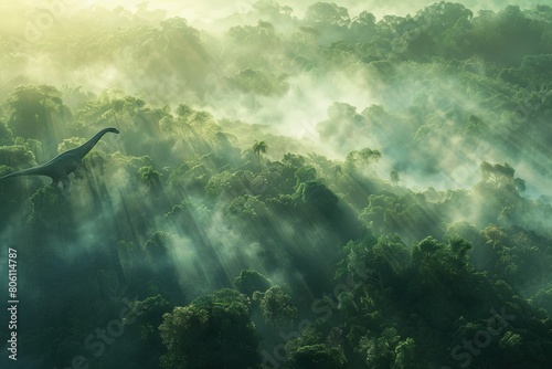 An aerial view of a dense, misty forest at dawn, with a Brachiosaurus herd moving silently through the fog photo