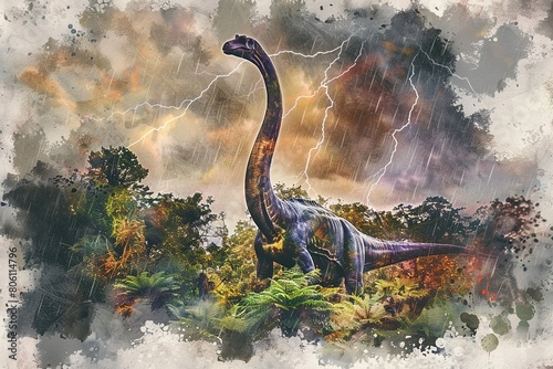 A vibrant watercolor of a single Brachiosaurus  its majestic form standing tall among lush prehistoric vegetation  during a late afternoon thunderstorm