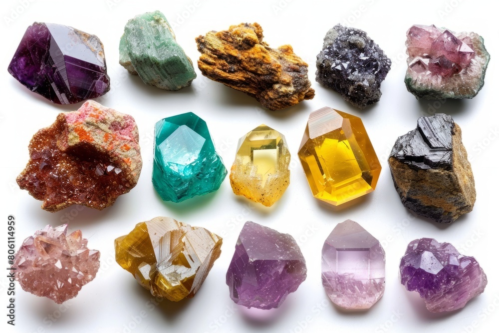 Vibrant Collection of Various Colorful Gemstones on White Background Vibrant Collection of Various Colorful Gemstones on White Background